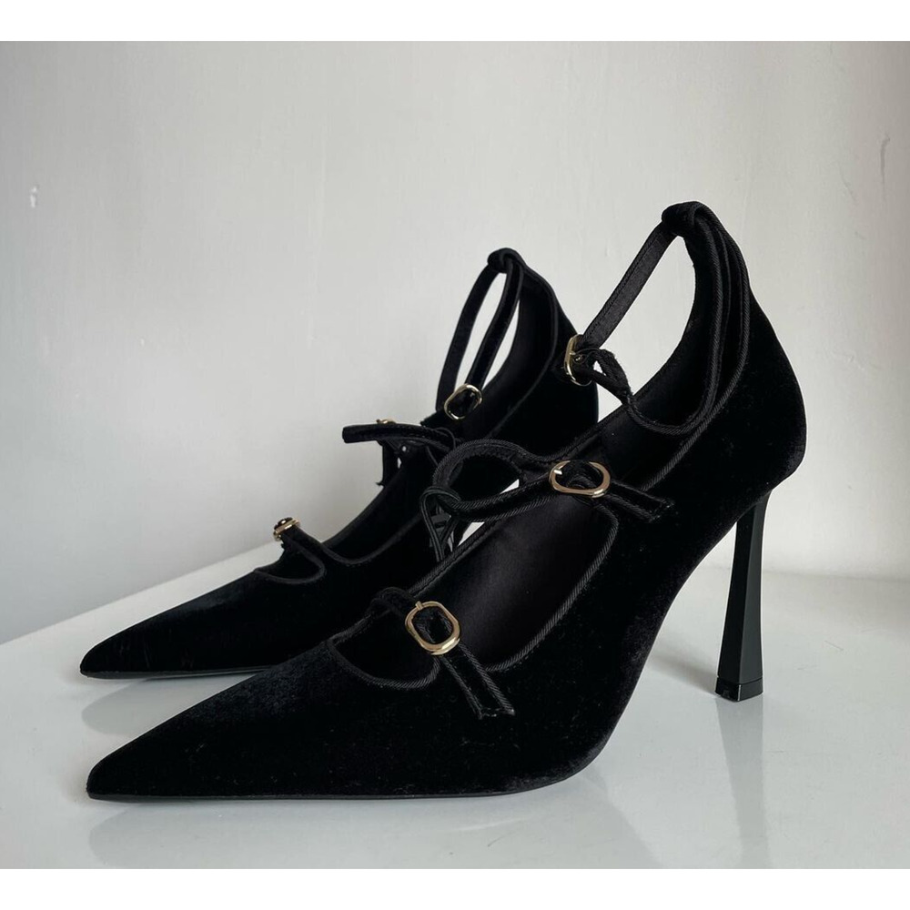 ZARA Velvet Mary Jane Heels NWT Black Pointed Toe Multi Strap Pumps Size 9 - Picture 11 of 16